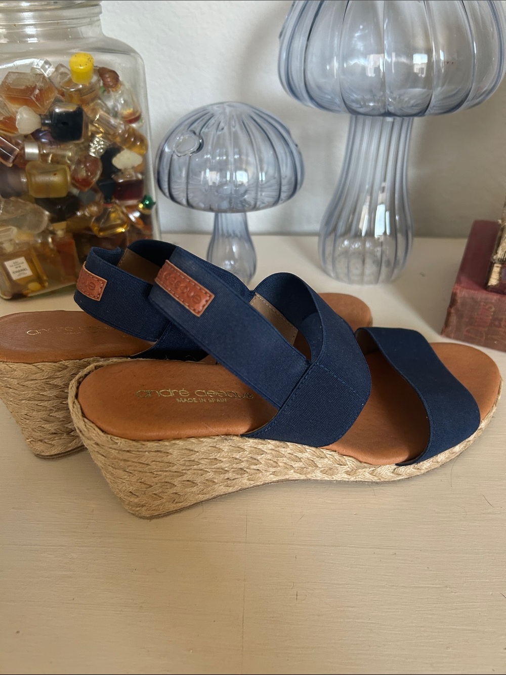 Andre Assous Navy Elastic Strap Espadrille Wedges with Tan Footbed - Picture 3 of 5